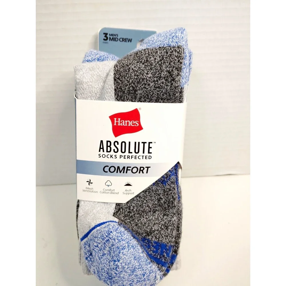 Hanes Absolute Comfort Mid Crew Socks Cushioned Arch Support 3pr 10-12 G/B/W